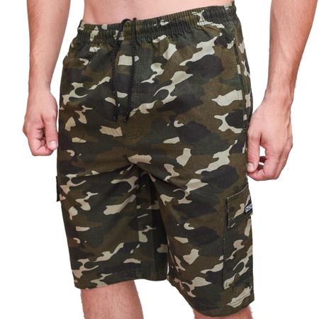 Imagem de Bermuda Sarja Brim Camuflada Militar Cargo 5 bolsos Cordão Elástico Masculina Barato