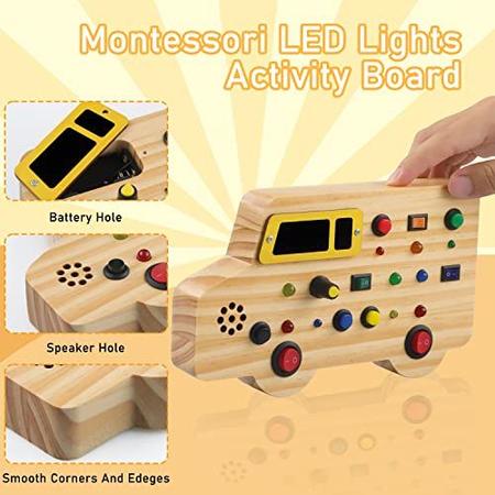 Imagem de Bestbase Brinquedos de madeira para crianças Montessori Busy Board, brinquedos sensoriais com acender LED sons botões de madeira brinquedos de carro, brinquedos de educação Montessori brinquedos para 1 + ano de idade menino / menina presentes de bebê