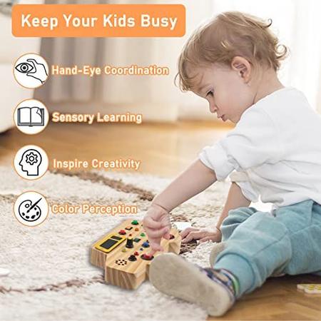 Imagem de Bestbase Brinquedos de madeira para crianças Montessori Busy Board, brinquedos sensoriais com acender LED sons botões de madeira brinquedos de carro, brinquedos de educação Montessori brinquedos para 1 + ano de idade menino / menina presentes de bebê
