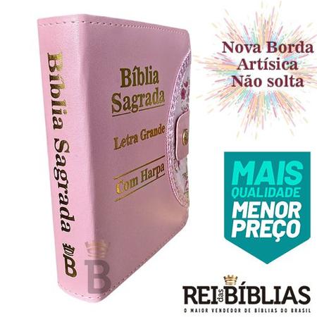 Imagem de Bíblia Sagrada Letra Grande - Rosa - Botão e Caneta Revista e Corrigida - Com Harpa