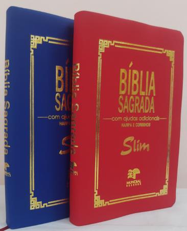 Imagem de Biblia slim ultrafina com ajudas adicionais e harpa para o casal - capa luxo azul royal + vermelha