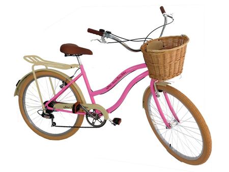 Imagem de Bicicleta aro 26 Feminina cesta vime bagageiro 6v Rosa