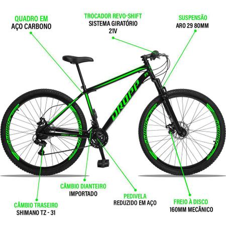 Imagem de Bicicleta Aro 29 Freio a Disco Mecânico Quadro 19 Suspensão 21 Marchas Aço Preto Verde - Dropp