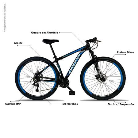 Imagem de Bicicleta Aro 29 Quadro 17 Freio a Disco Mecânico 21 Marchas Alumínio Preto Azul - Dropp