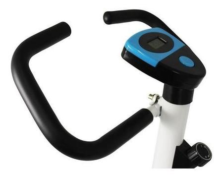 Imagem de Bicicleta Ergométrica Mile Fitness Vertical com Monitor 5 Funções, Ajuste de Altura, Regulagem de Resistência, Tração Mecânica, Cor Azul e Branca