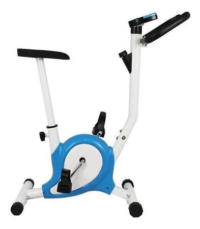 Imagem de Bicicleta Ergométrica Mile Fitness Vertical com Monitor 5 Funções, Ajuste de Altura, Regulagem de Resistência, Tração Mecânica, Cor Azul e Branca