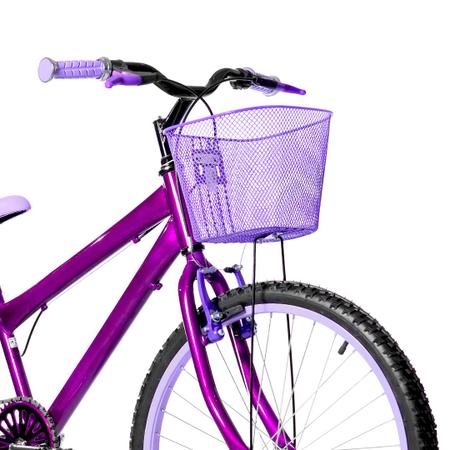 Imagem de Bicicleta Feminina Aro 24 Alumínio Colorido Freios V-Brake Sem Marcha + Cesta e Descanso Lateral