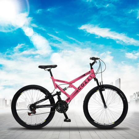 Imagem de Bicicleta GPS Aro 26 Aço 21 Marchas Dupla Suspensão Freio V-Brake Rosa Neon - Colli Bike