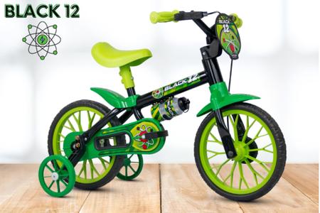 Imagem de Bicicleta Infantil Aro 12 Nathor Black 12 (SKU: 944_07) Preto e Verde com Rodinhas 