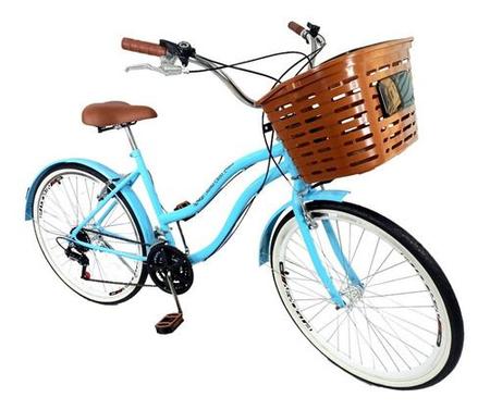 Imagem de Bicicleta Retrô Aro 26 Adulto Cesta Grande 18v Azul BB