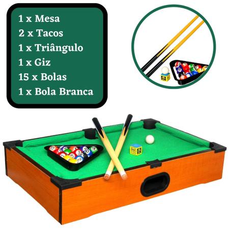 Jogo Mini Mesa de Bilhar Sinuca de Madeira Completa com 2 Tacos e 15 Bolas