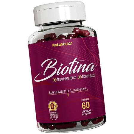 Imagem de Biotina Suplemento Alimentar Rico Acido Fólico Vitamina Saúde Cabelos e Unhas Natunéctar Original Pote 60 Capsulas