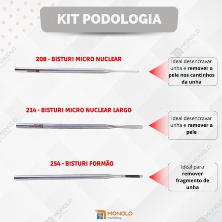 Imagem de Bisturi Podólogo Kit 208, 214 e 254 Formão Desencravar Unha Aço Inox Premium