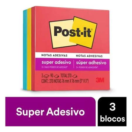 Imagem de Bloco Adesivo 76x76mm 270 Folhas Diversão (3X90 Folhas Telha, Amarelo e Azul Elétrico) Post-it