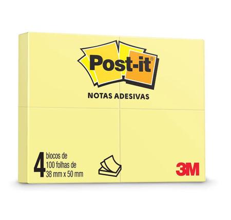 Imagem de Bloco Adesivo Post-it 38x50mm Amarelo 100 Folhas C/ 4un 3m