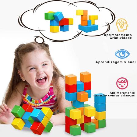 Imagem de Bloco de Montar Magnético Infantil Brastoy 48 Peças Coloridas Brinquedo Educativo Didático Pedagógico Criativo Com Bolsa de Armazenamento