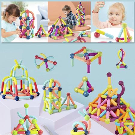Imagem de Bloco de Montar Magnético Infantil Brinquedo Educativo Kit Criativo Peças Grandes Encaixe Imã 64 ou 120 Peças com Bolsa de Armazenamento