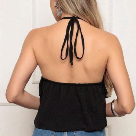 Imagem de Blusa bata feminina Cropped alça fina frente única babados com ponta corte americano