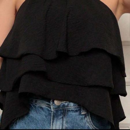 Imagem de Blusa bata feminina Cropped alça fina frente única babados com ponta corte americano