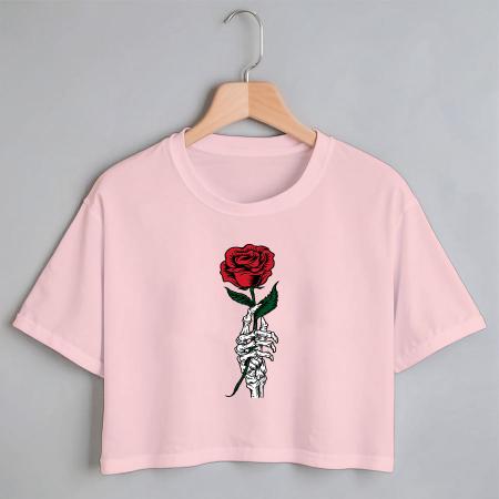 Imagem de Blusa Blusinha Camiseta Cropped TShirt Feminina Algodão Tecido Premium Estampa Digital Caveira com Rosa na Mão