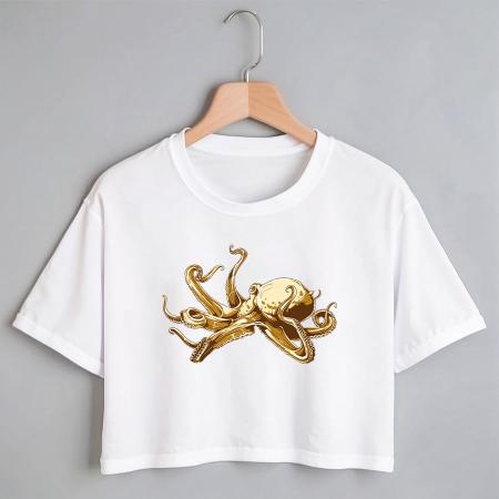 Imagem de Blusa Blusinha Camiseta Cropped TShirt Feminina Algodão Tecido Premium Estampa Digital Polvo Gold