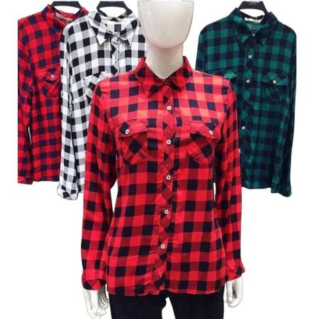 Blusa Camisa Xamisa Xadrez Social Viscose quadrado Feminina C
