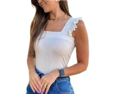 Imagem de Blusa canelada feminina  alça larga babado decote reto fashion