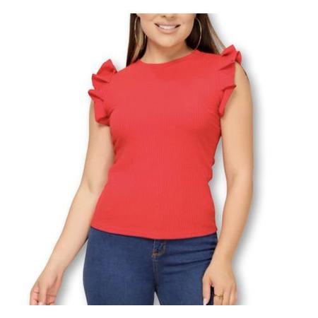 Imagem de Blusa canelada feminina cavada babado casual moda barata