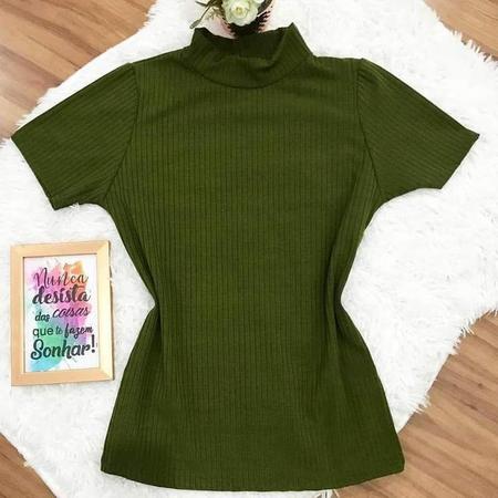 Blusa Feminina Canelada com Zíper de Argola Manga Curta Gola Alta Preta