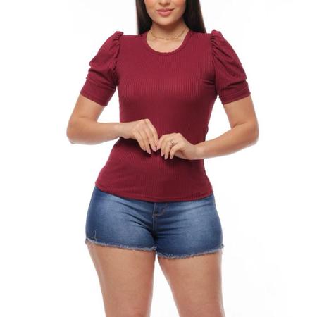 Blusa canelada gola rasa manga curta bufante feminina elegante - Filó Modas Imagem de Blusa canelada gola rasa manga curta bufante feminina elegante