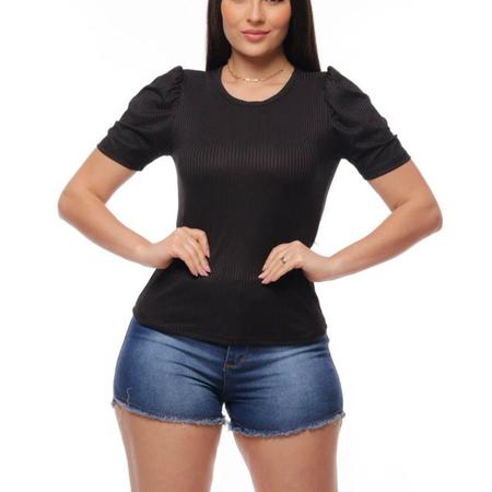 Blusa canelada gola rasa manga curta bufante feminina elegante - Filó Modas Imagem de Blusa canelada gola rasa manga curta bufante feminina elegante