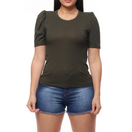 Blusa canelada gola rasa manga curta bufante feminina elegante - Filó Modas Imagem de Blusa canelada gola rasa manga curta bufante feminina elegante