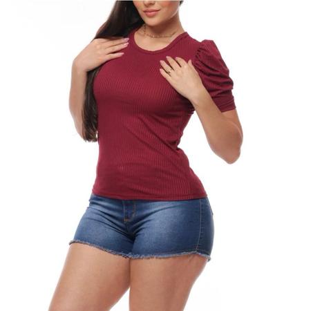 Blusa canelada gola rasa manga curta bufante feminina elegante - Filó Modas Imagem de Blusa canelada gola rasa manga curta bufante feminina elegante