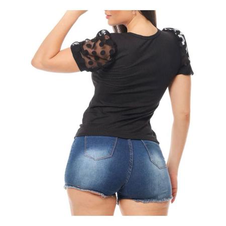 Blusa canelada gola rasa manga curta em tule princesa feminina estilo - Filó Modas Imagem de Blusa canelada gola rasa manga curta em tule princesa feminina estilo