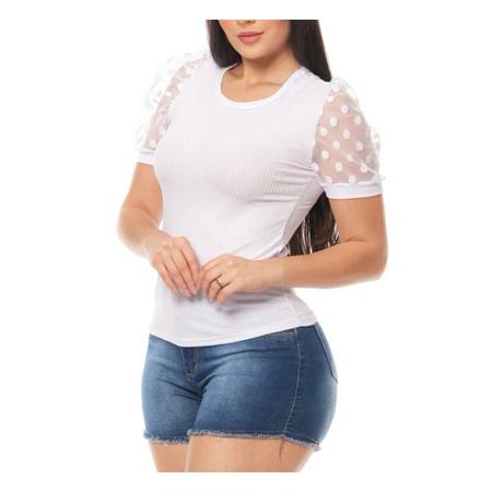 Blusa canelada gola rasa manga curta em tule princesa feminina estilo - Filó Modas Imagem de Blusa canelada gola rasa manga curta em tule princesa feminina estilo