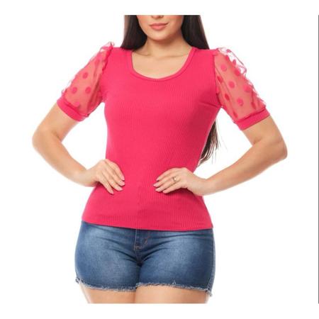 Blusa canelada gola rasa manga curta em tule princesa feminina estilo - Filó Modas Imagem de Blusa canelada gola rasa manga curta em tule princesa feminina estilo