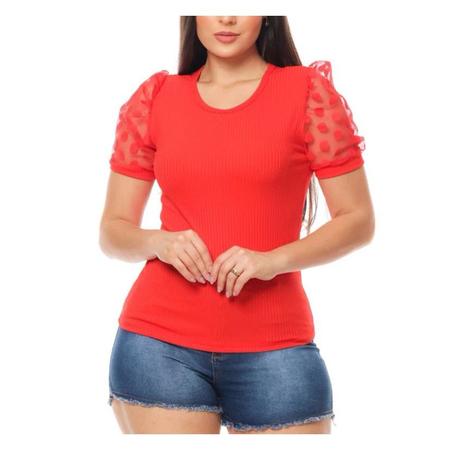 Blusa canelada gola rasa manga curta em tule princesa feminina estilo - Filó Modas Imagem de Blusa canelada gola rasa manga curta em tule princesa feminina estilo