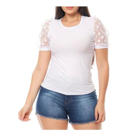 Blusa canelada gola rasa manga curta em tule princesa feminina estilo - Filó Modas Imagem de Blusa canelada gola rasa manga curta em tule princesa feminina estilo