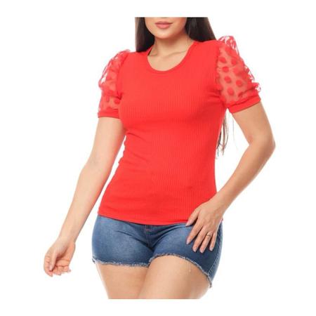 Blusa canelada gola rasa manga curta em tule princesa feminina estilo - Filó Modas Imagem de Blusa canelada gola rasa manga curta em tule princesa feminina estilo
