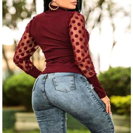 Blusa canelada manga longa tule gola alta feminina - Filó Modas Imagem de Blusa canelada manga longa tule gola alta feminina