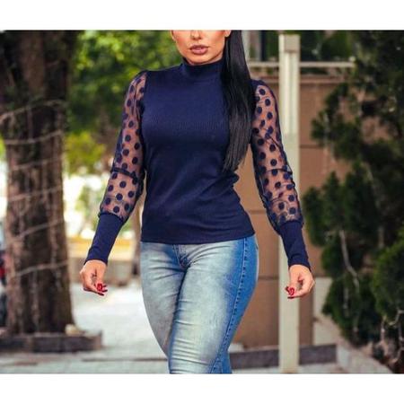 Blusa canelada manga longa tule gola alta feminina - Filó Modas Imagem de Blusa canelada manga longa tule gola alta feminina