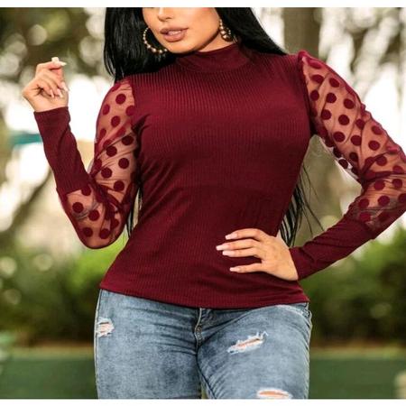 Blusa canelada manga longa tule gola alta feminina - Filó Modas Imagem de Blusa canelada manga longa tule gola alta feminina