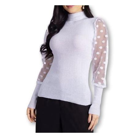 Blusa canelada manga longa tule gola alta feminina - Filó Modas Imagem de Blusa canelada manga longa tule gola alta feminina