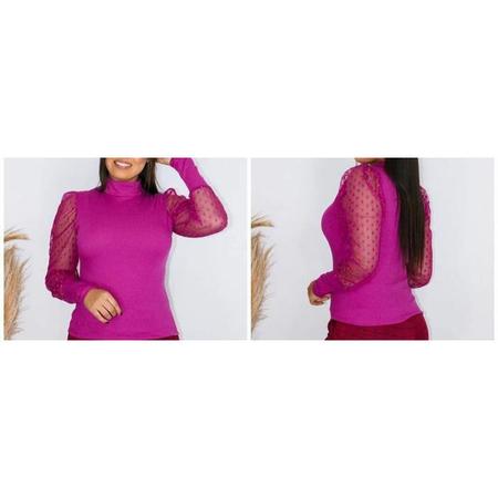 Blusa canelado gola rasa manga longa bufante tule poa estilo feminino - Filó Modas Imagem de Blusa canelado gola rasa manga longa bufante tule poa estilo feminino