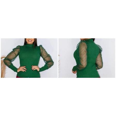Blusa canelado gola rasa manga longa bufante tule poa estilo feminino - Filó Modas Imagem de Blusa canelado gola rasa manga longa bufante tule poa estilo feminino