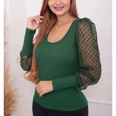 Blusa canelado gola rasa manga longa bufante tule poá feminina tendência - Filó Modas Imagem de Blusa canelado gola rasa manga longa bufante tule poá feminina tendência