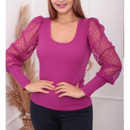 Blusa canelado gola rasa manga longa bufante tule poá feminina tendência - Filó Modas Imagem de Blusa canelado gola rasa manga longa bufante tule poá feminina tendência