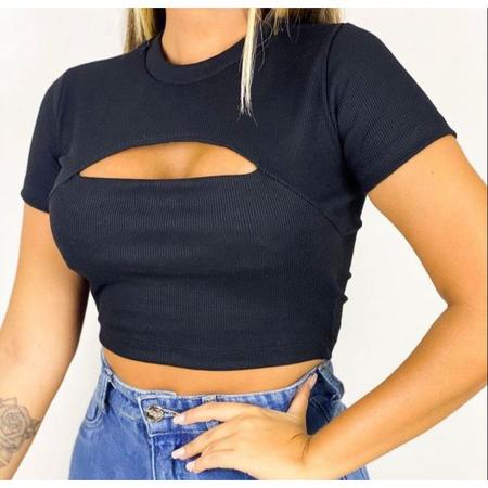 Imagem de Blusa Cropped canelado feminino decote gota manguinha curta tendencia