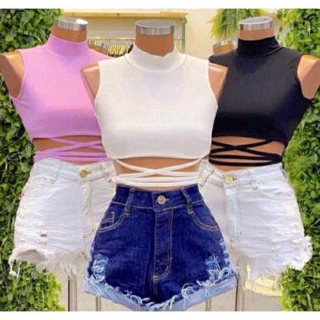 Imagem de Blusa cropped canelado gola alta cavado amarração na cintura feminino