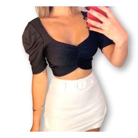 Imagem de Blusa cropped decote drapeado manga bufante poliéster elegante feminina